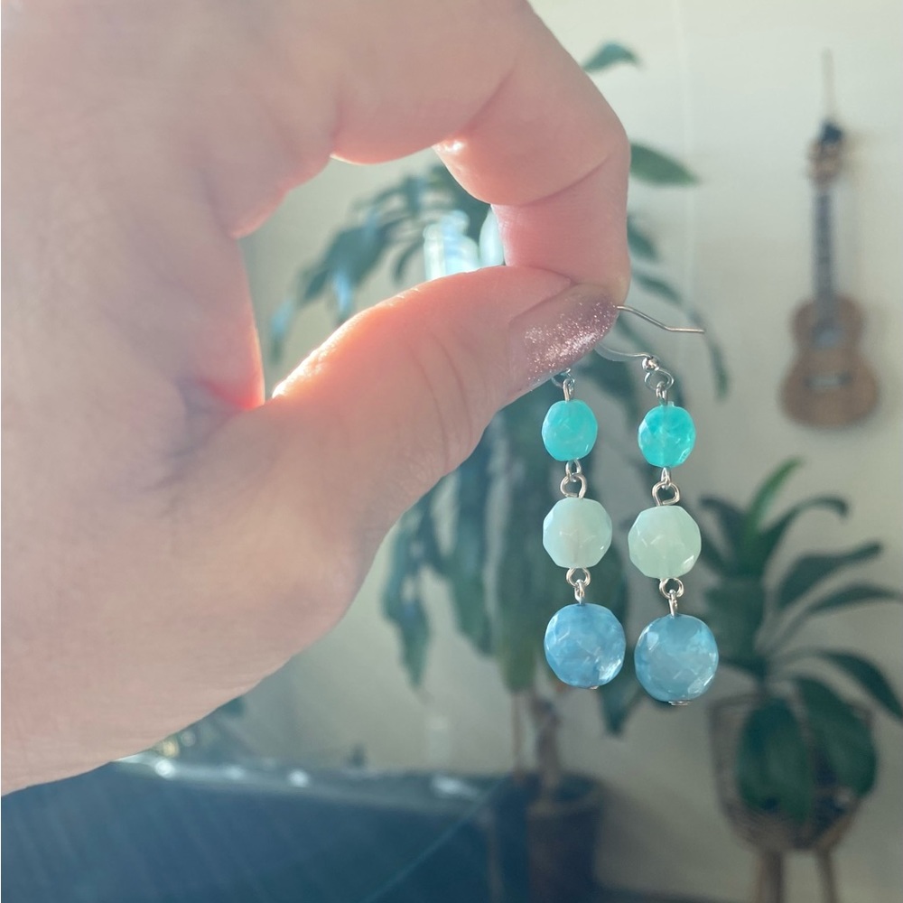 Vintage aqua beaded earrings possible resin sea blue dangle earrings